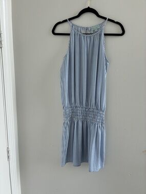 Veronica M Blue and White Striped Halter Mini Dress